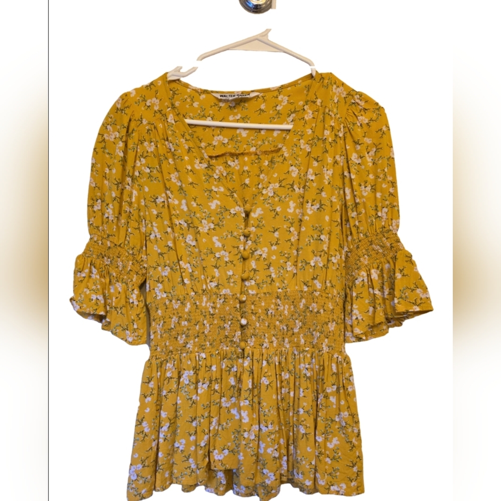 Walter Baker Yellow Floral Print Button Up Peasant Blouse Size S EUC